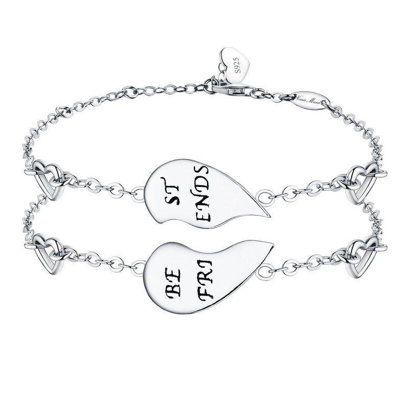 NINAMAID â€œBEST FRIENDSâ€ Engraved 925 Sterling Silver Half Heart Shaped Inspirational Friendship Bracelets Set of 2 - Image 1